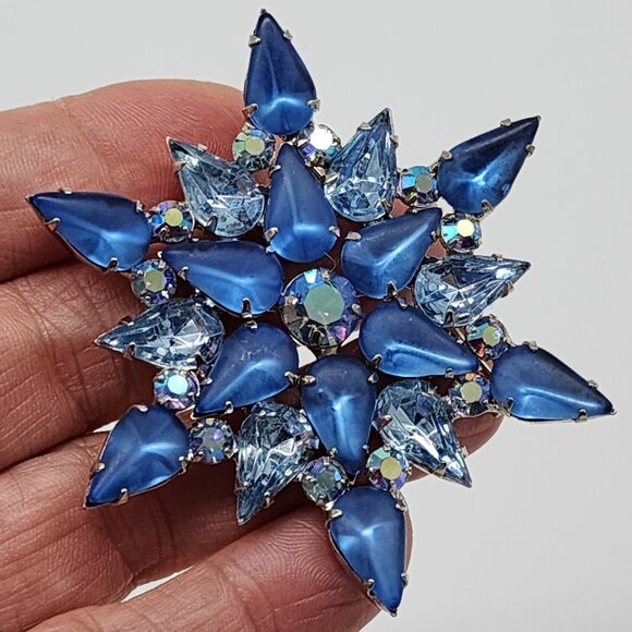 Blue Glass Cabochon & Faceted Rhinestone Open Back Silver Tone Brooch Star Shape - Picture 1 of 9